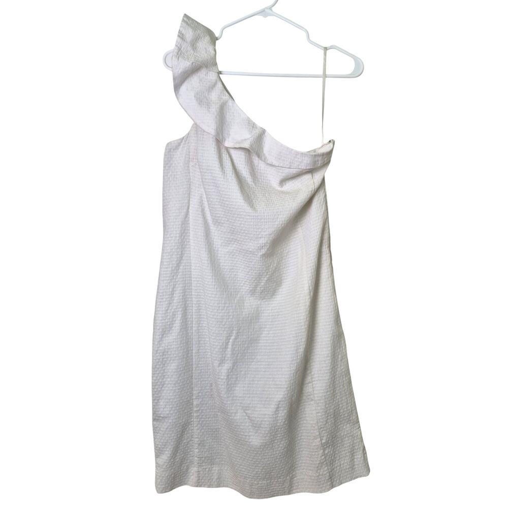 Ann Taylor Dress Sz 8 Cream One Shoulder Shift Ruffle Summer Preppy Cotton Resor